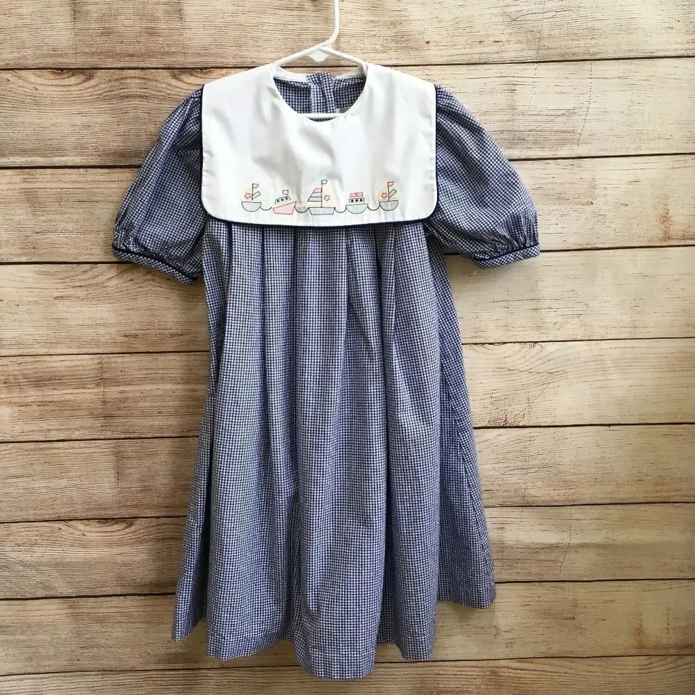 VINTAGE JUDY LYNN EMBROIDERED DRESS‎ IN BLUE AND WHITE GINGHAM